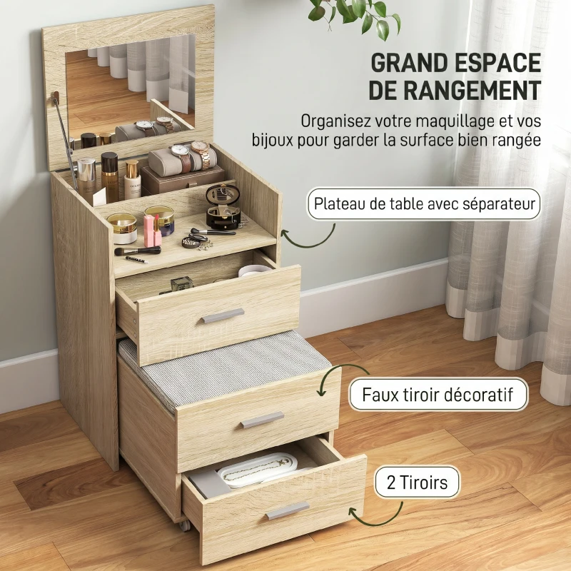 HOMCOM Tavolo da Trucco con Specchio a Ribalta, Cassetti e Sgabello, in Legno e Tessuto Effetto Lino, color Legno