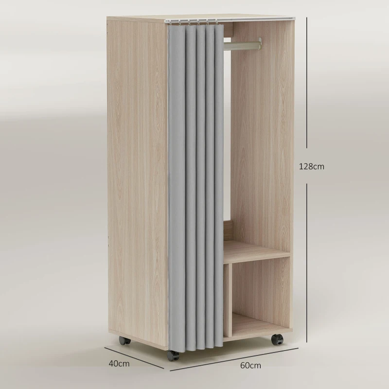 HOMCOM Armoire penderie armoire de rangement mobile avec rideau, tringle de suspension, 60 x 40 x 128 cm, effet bois naturel