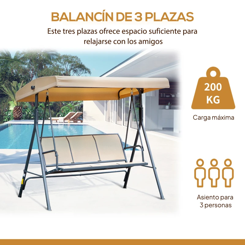 Outsunny Columpio de Jardín Exterior de 3 Plazas con Toldo Reclinable Respaldo Transpirable Marco de Acero 175x118x159 cm Beige