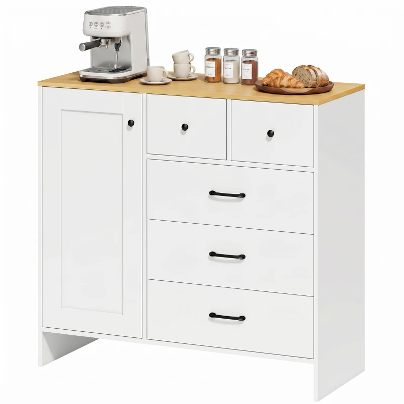 HOMCOM Buffet Cozinha, Móvel de Arrumação com 5 Gavetas e Porta, Estilo Rústico, 100 x 40 x 94 cm, Branco