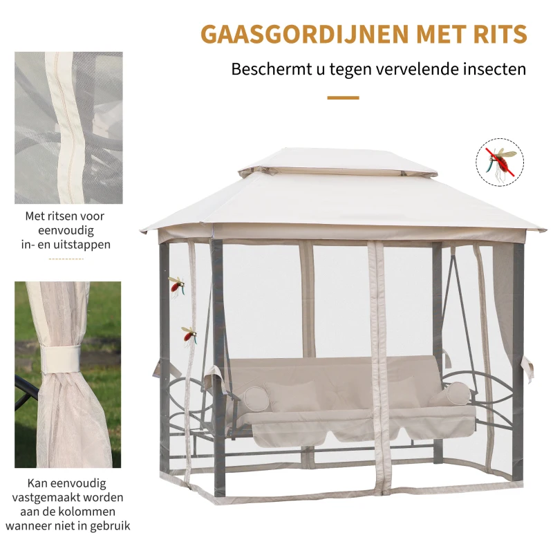 Outsunny 3-zitter Hollywoodschommel tuinschommel paviljoen zijwanden ligfunctie