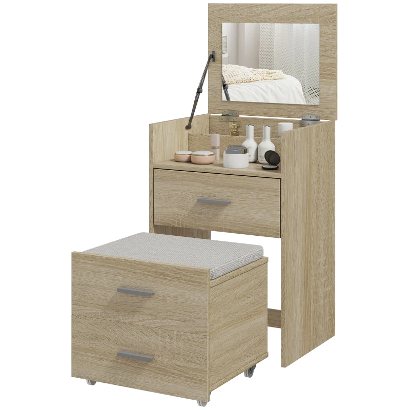 HOMCOM Tavolo da Trucco con Specchio a Ribalta, Cassetti e Sgabello, in Legno e Tessuto Effetto Lino, color Legno