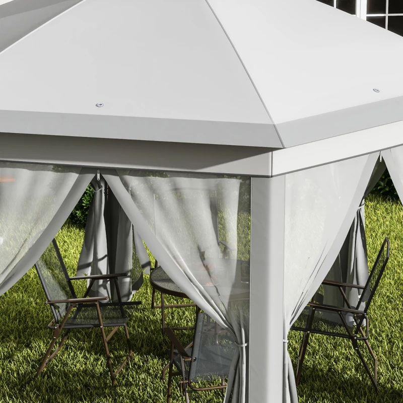 Outsunny Vouwtent 4 x 4m, Zeshoekig Ontwerp, Netgordijnen, Waterafstotend, Ventilatiedak, Grijs+Wit