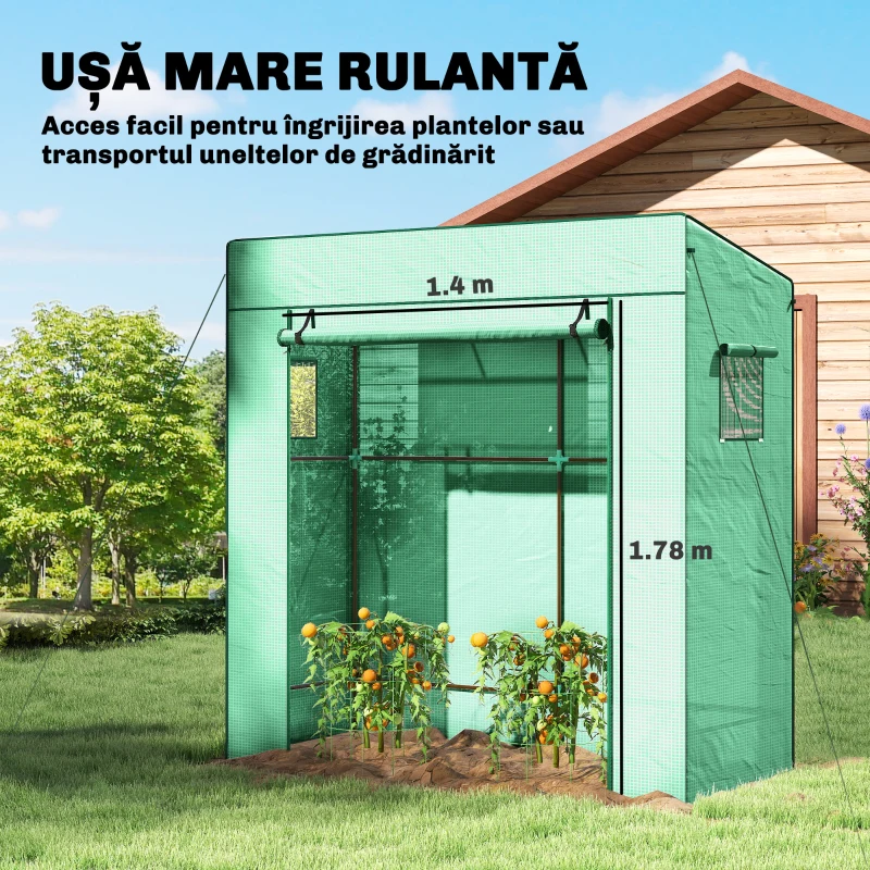 Outsunny Seră de Grădină cu Acoperiș Înclinat, 2 Ferestre și Ușă Rulabilă, Seră pentru Legume cu Structură din Oțel, Acoperire din PE Anti-UV, pentru Legume, Flori, Plante, 196x77x197 cm, Verde