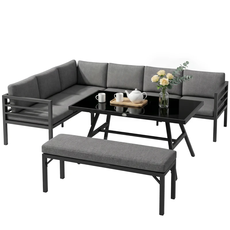 Outsunny 4 Piece L-shaped Garden Furniture Set 8-Seater Aluminium Outdoor Dining Set Conversation Sofa Set w/ Bench, Dining Table & Cushions, Grey