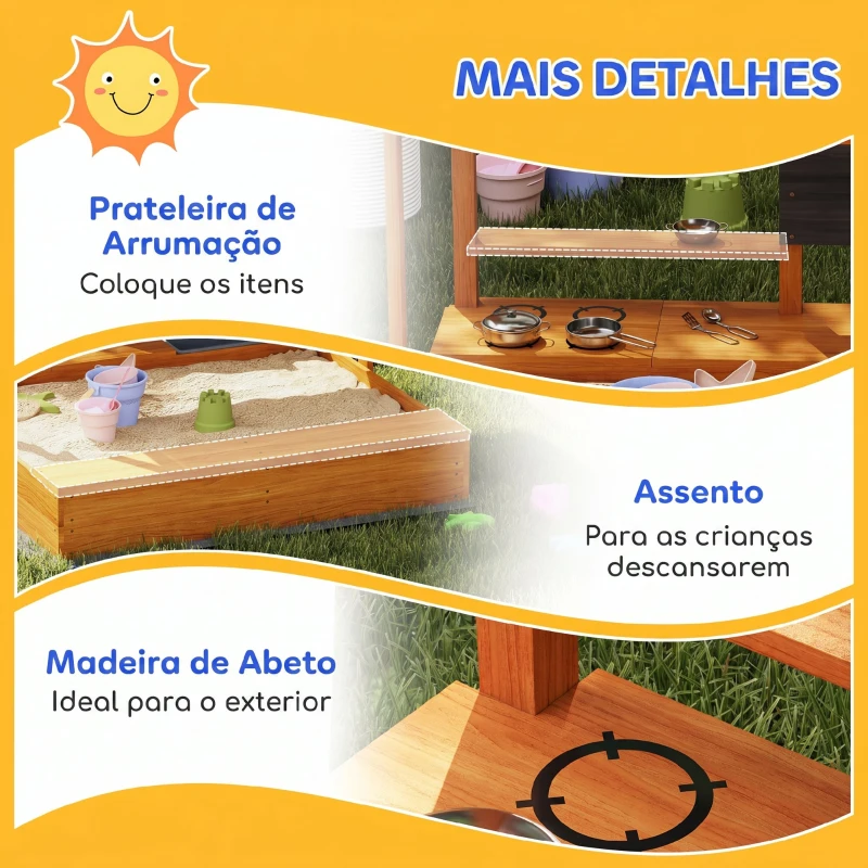 Outsunny Caixa de Areia de Madeira para Crianças com Toldo Regulável e Brinquedos de Cozinha para Crianças de 3-7 Anos 114x110x110 cm Vermelho