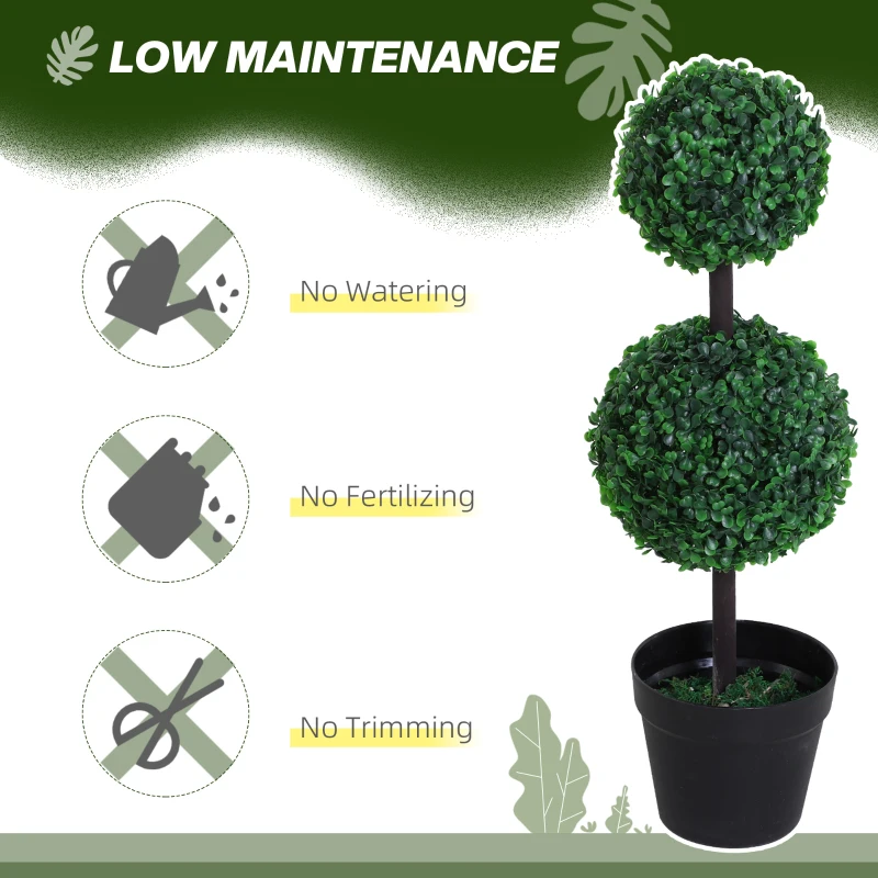 Outsunny Set of 2 Artificial Boxwood Ball Topiary Trees, 67cm Fake Plants in Pot for Outdoor and Indoor Décor