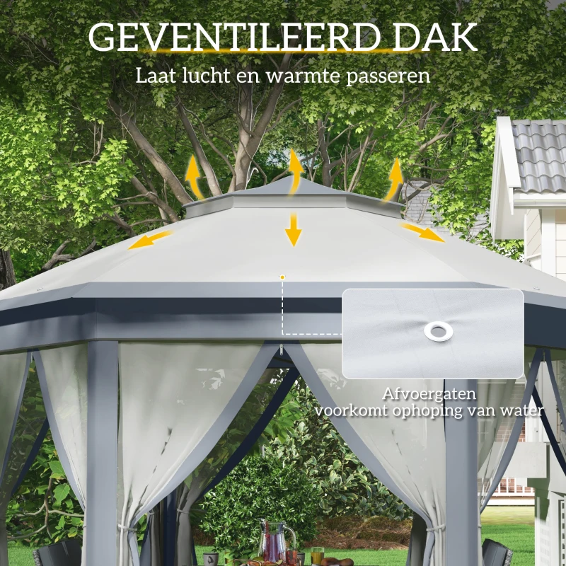 Outsunny Vouwtent 4 x 4m, Zeshoekig Ontwerp, Netgordijnen, Waterafstotend, Ventilatiedak, Grijs+Wit