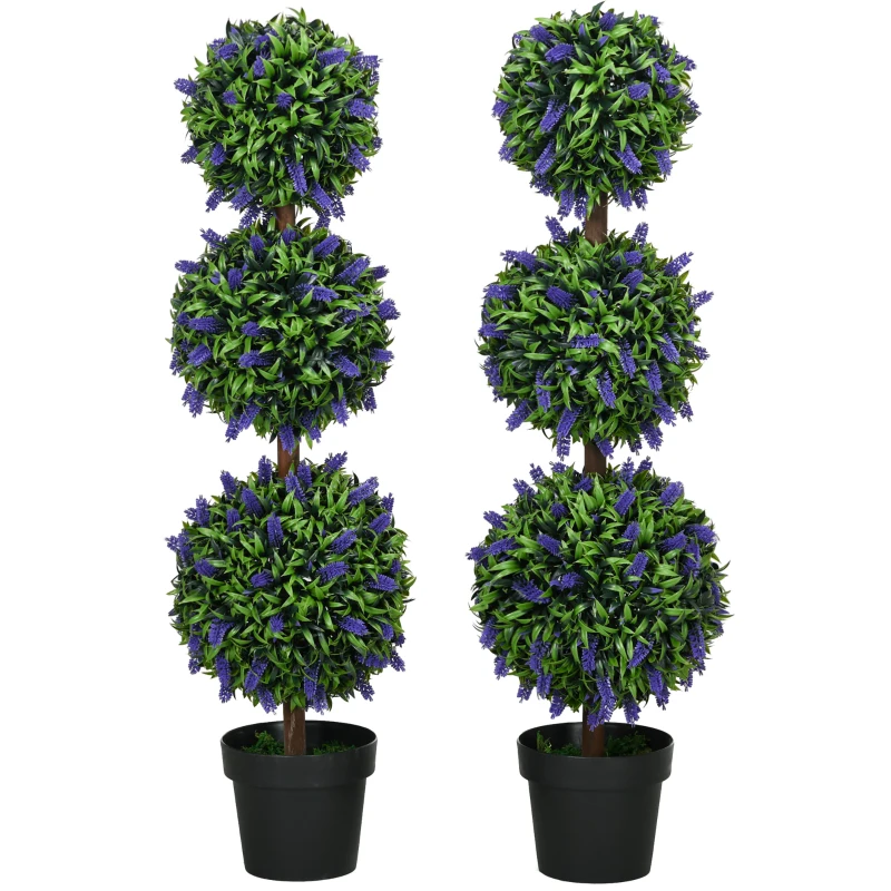HOMCOM Set of 2 Artificial Plants, Lavender Flowers Ball Trees with Pot, for Home Indoor Outdoor Decor, 110cm