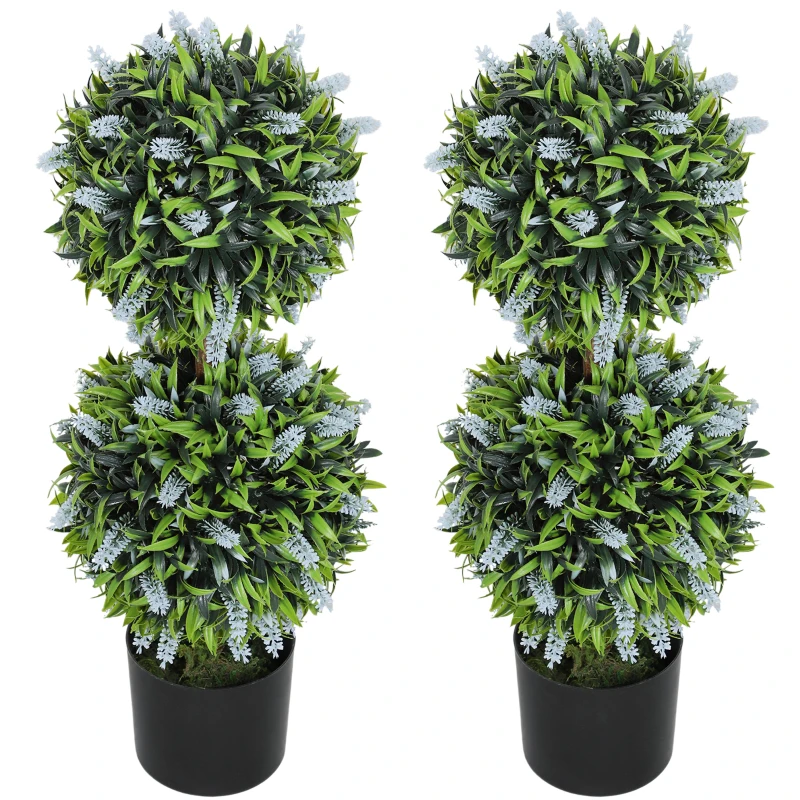 HOMCOM Set of 2 Decorative Artificial Plants Ball Trees with Lavender Flowers in Pot Fake Plants for Home Indoor Outdoor Decor, 70cm, Blue