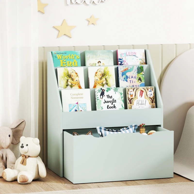 AIYAPLAY Bibliotecă pentru copii Multi-Organizare cu 3 niveluri de rafturi și un sertar, 62,5L x 30l x 70H cm, verde