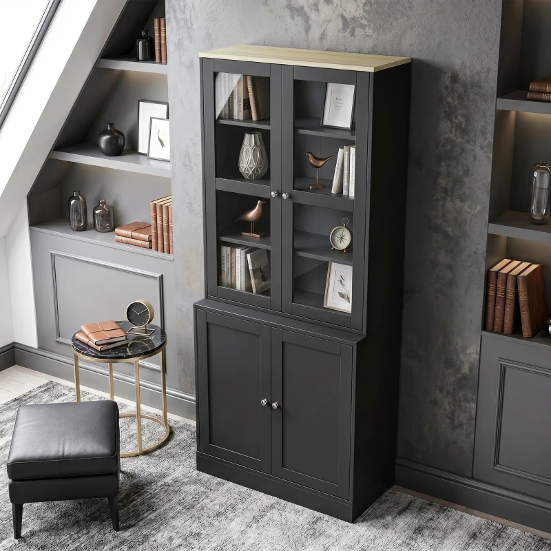 HOMCOM Vitrina-estantería, mueble de almacenamiento de 6 niveles con 4 puertas, 2 en vidrio templado, estantes regulables, negro
