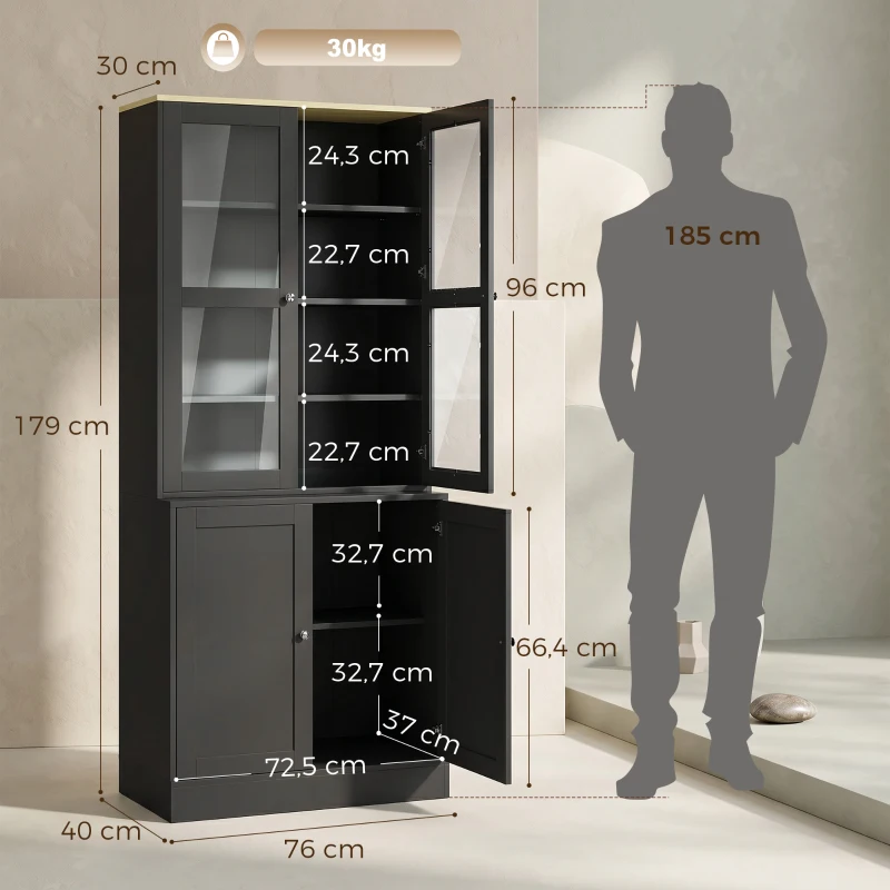 HOMCOM Vitrine, Aufbewahrungsregal mit 6 Ebenen und 4 Türen (2 aus gehärtetem Glas), verstellbare Einlegeböden, schwarz