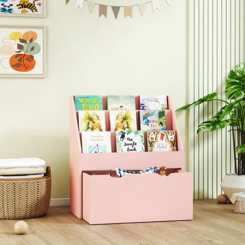 AIYAPLAY Bibliotecă pentru copii Multi-depozitare cu 3 niveluri de rafturi și un sertar, 62,5L x 30l x 70H cm, roz