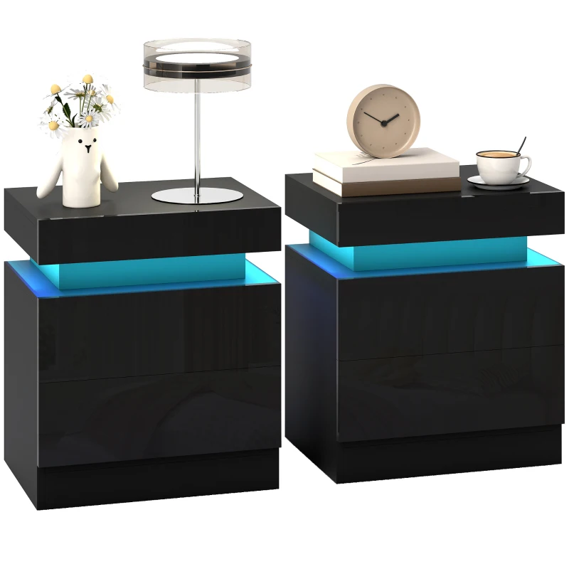 HOMCOM Set 2 Mesitas LED de 16 Colores y 4 Modos con 2 Cajones en Madera 45x35x52 cm Negro