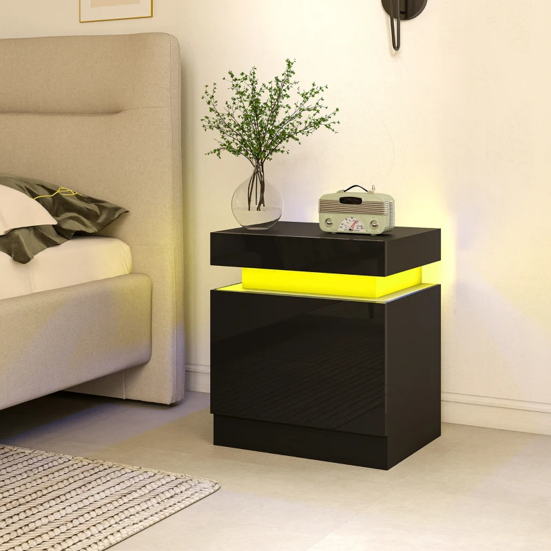 HOMCOM Set 2 Mesitas LED de 16 Colores y 4 Modos con 2 Cajones en Madera 45x35x52 cm Negro