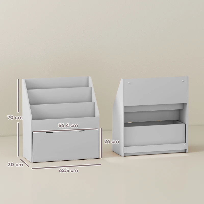AIYAPLAY Bibliotecă pentru copii Multi-Depozitare cu 3 niveluri de rafturi și un sertar, 62,5L x 30l x 70H cm, gri