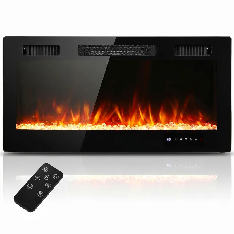HOMCOM Camino Elettrico da Incasso o a Parete con Temperatura Regolabile, in Acciaio e Vetro, 91.4x9.4x47 cm, Nero