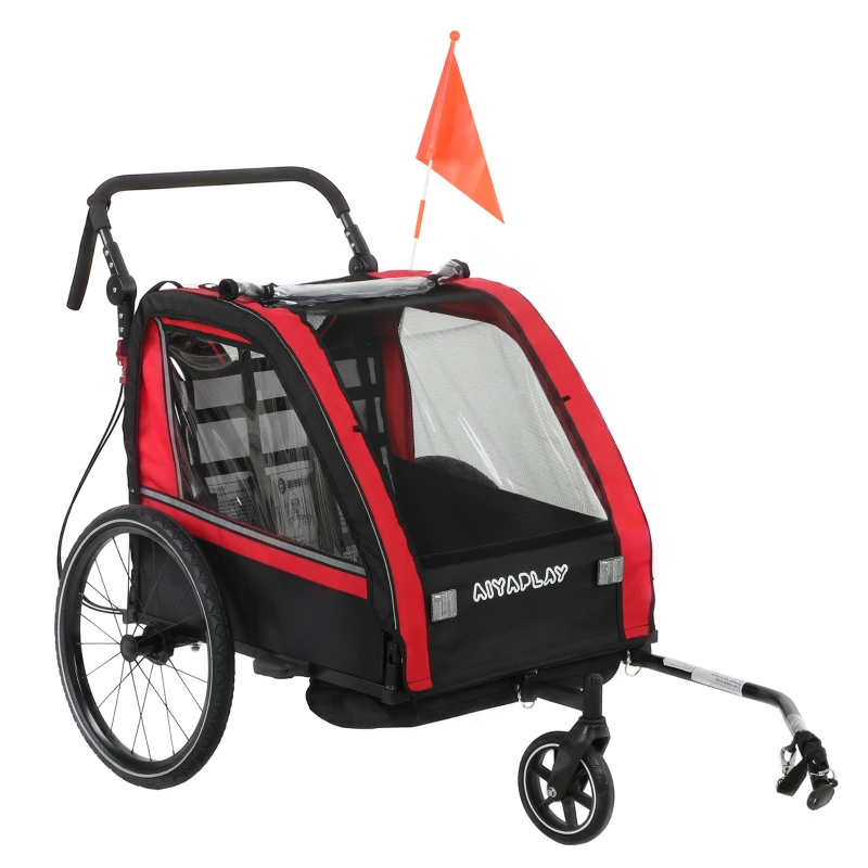 AIYAPLAY Remorque vélo enfant 2 en 1, poussette vélo bébé 2 places, guidon réglable, frein à main, ceinture de sécurité, rouge