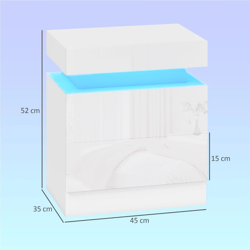 HOMCOM Set de 2 Mesitas LED de 16 Colores y 4 Modos con 2 Cajones en Madera 45x35x52 cm Blanco Brillante
