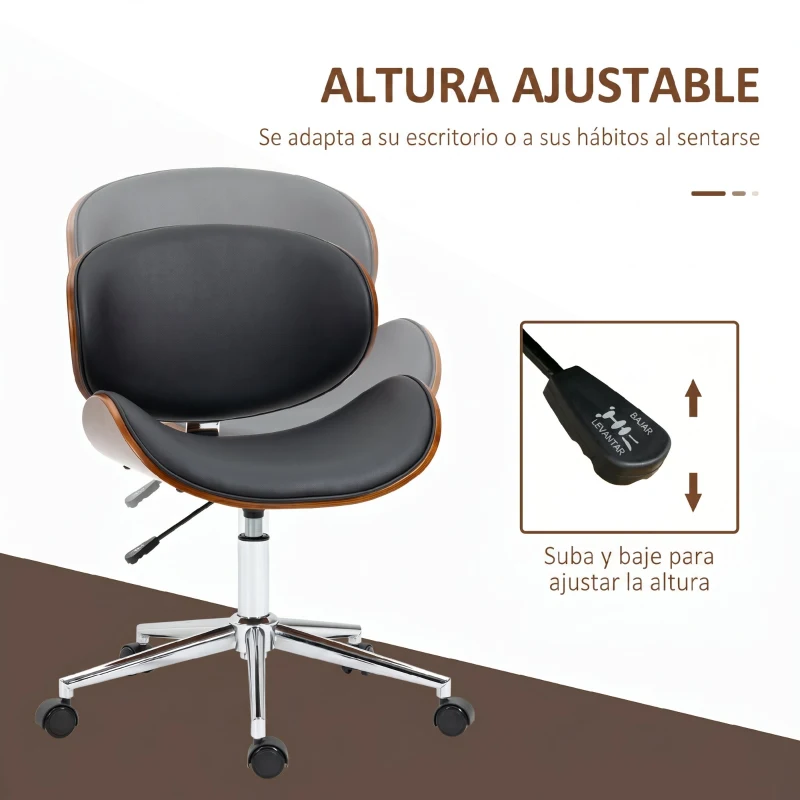 Vinsetto Silla de Oficina con Ruedas Silla de Escritorio Tapizada en PU con Asiento Ancho y Curvado Altura Ajustable Negro