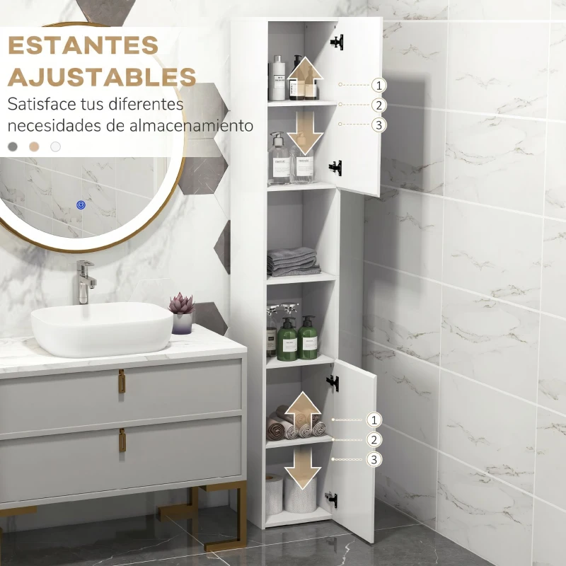kleankin Armario de Baño Alto y Estrecho con Puertas y Estantes Ajustables 30x30x81,5 cm Blanco Brillo