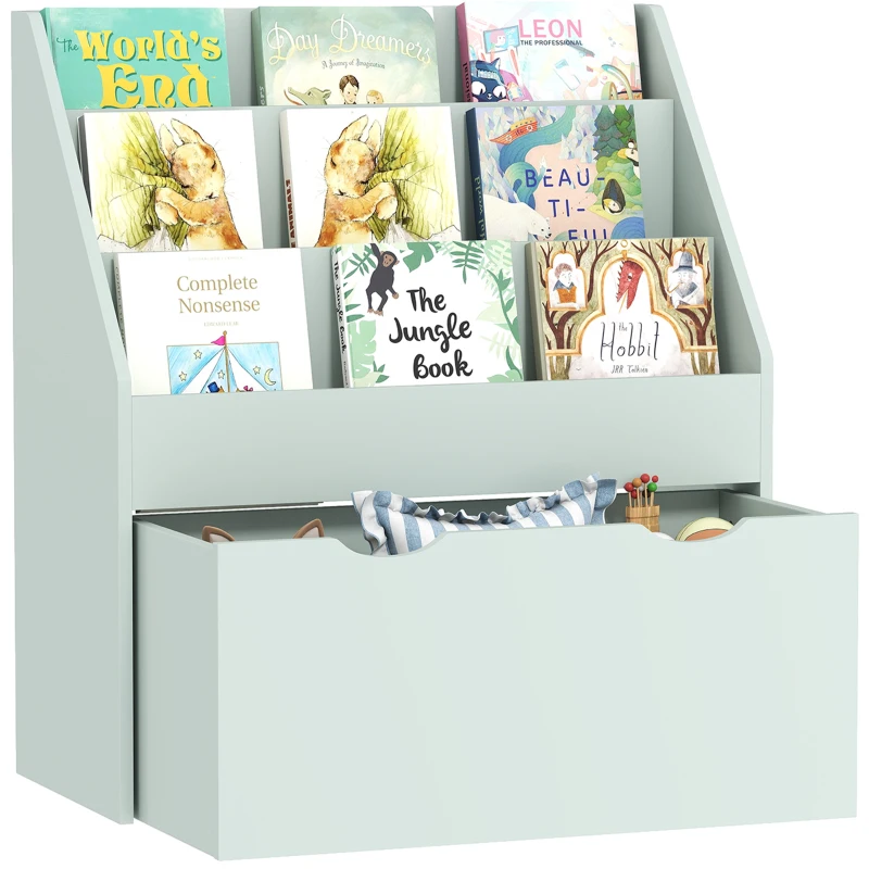 AIYAPLAY Bibliotecă pentru copii Multi-Organizare cu 3 niveluri de rafturi și un sertar, 62,5L x 30l x 70H cm, verde