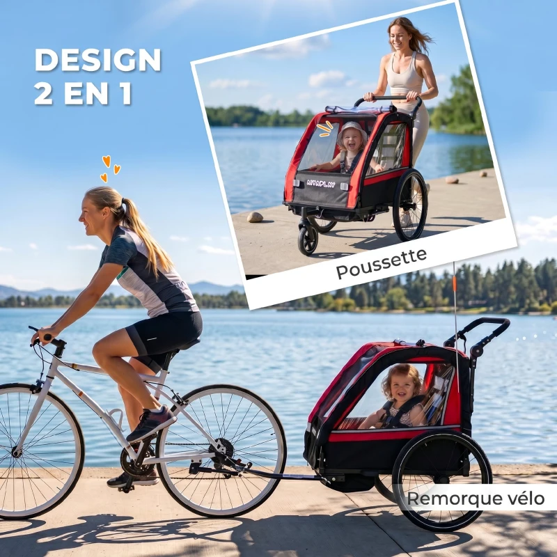 AIYAPLAY Remorque vélo enfant 2 en 1, poussette vélo bébé 2 places, guidon réglable, frein à main, ceinture de sécurité, rouge