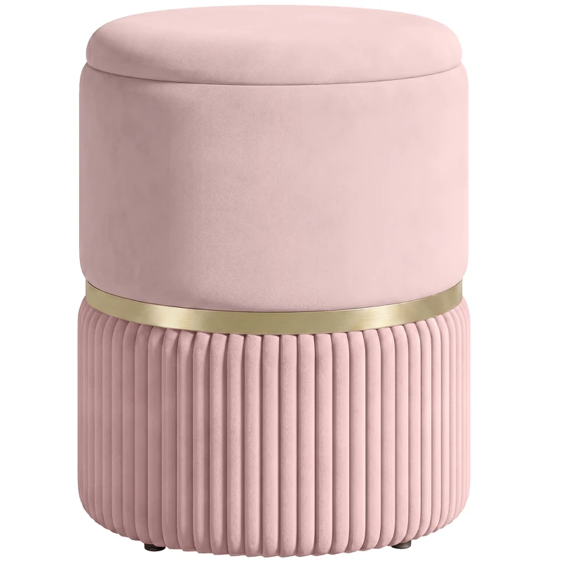 HOMCOM Pouf tabouret repose-pied coffre de rangement en velours côtelé 36 x 36 x 44 cm pour salon chambre rose