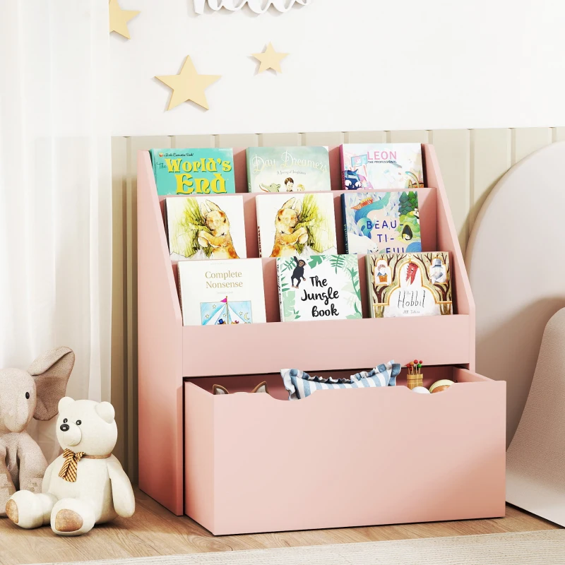 AIYAPLAY Bibliotecă pentru copii Multi-depozitare cu 3 niveluri de rafturi și un sertar, 62,5L x 30l x 70H cm, roz