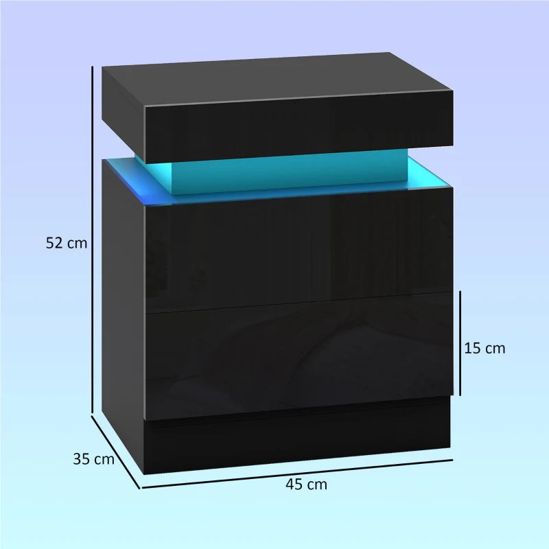 HOMCOM Set 2 Mesitas LED de 16 Colores y 4 Modos con 2 Cajones en Madera 45x35x52 cm Negro
