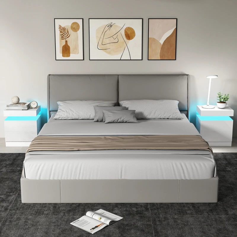 HOMCOM Set de 2 Mesitas LED de 16 Colores y 4 Modos con 2 Cajones en Madera 45x35x52 cm Blanco Brillante