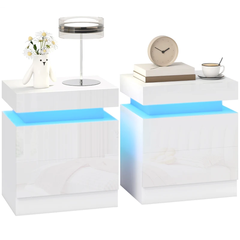 HOMCOM Lot de 2 Tables de Chevet LED 16 Couleurs & 4 Modes avec 2 Tiroirs, en Bois, 45x35x52 cm, Blanc Laqué