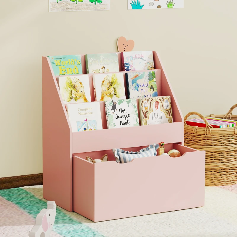 AIYAPLAY Bibliotecă pentru copii Multi-depozitare cu 3 niveluri de rafturi și un sertar, 62,5L x 30l x 70H cm, roz