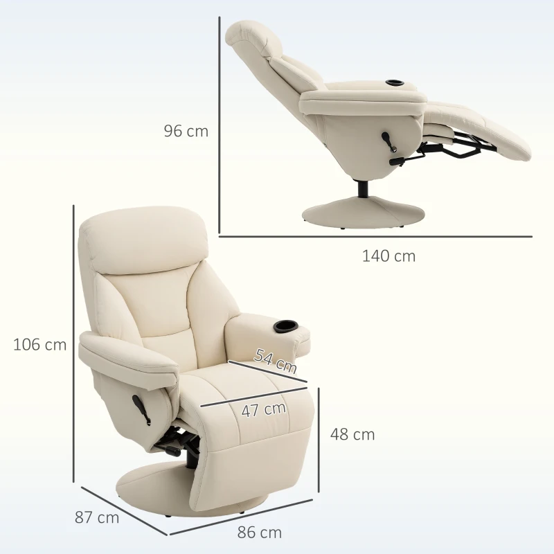 HOMCOM Fotoliu relax cu funcție de culcare, fotoliu TV cu buzunar lateral și suport pentru pahare pentru living și dormitor, crem