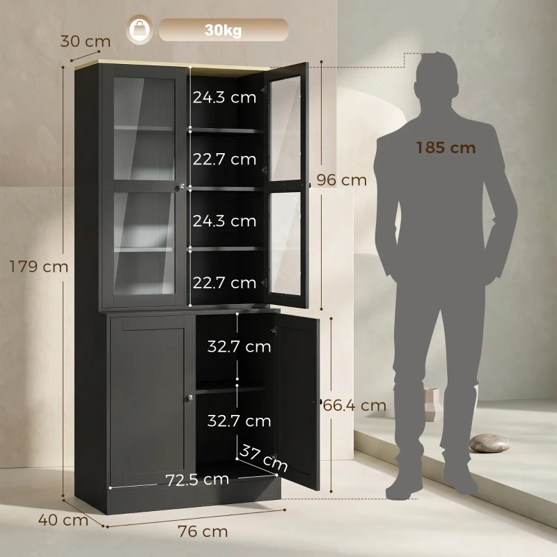 HOMCOM Bibliotecă vitrină, mobilier de depozitare cu 6 niveluri cu 4 uși dintre care 2 din sticlă securizată, rafturi reglabile, negru