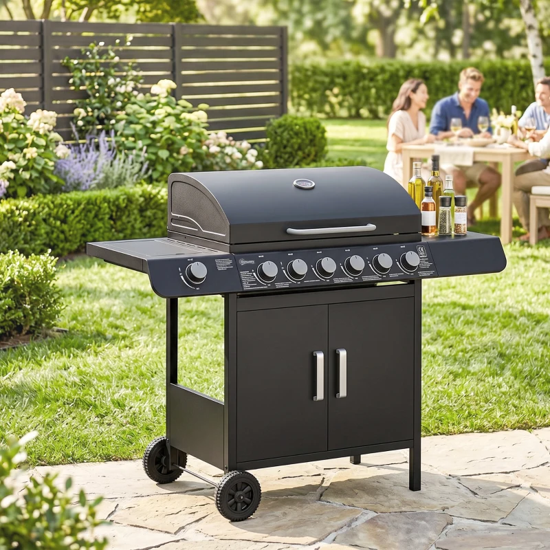 Outsunny Barbecue a Gas con Coperchio, 7 Bruciatori da 20kW, Fornello Laterale e 2 Ruote, 135x50x100 cm, Nero