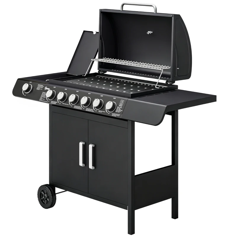 Outsunny Barbecue a Gas con Coperchio, 7 Bruciatori da 20kW, Fornello Laterale e 2 Ruote, 135x50x100 cm, Nero