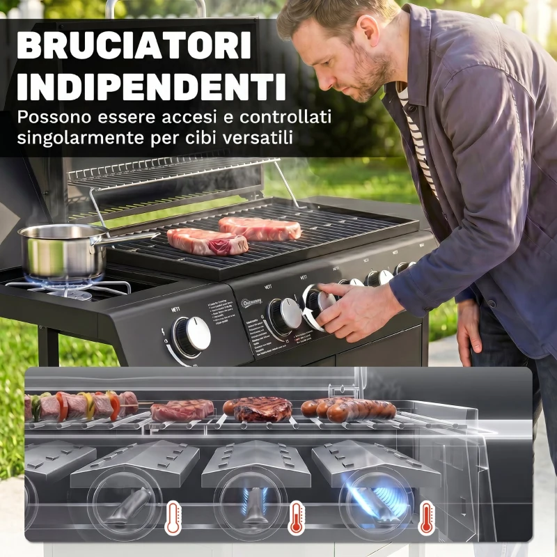 Outsunny Barbecue a Gas con Coperchio, 7 Bruciatori da 20kW, Fornello Laterale e 2 Ruote, 135x50x100 cm, Nero