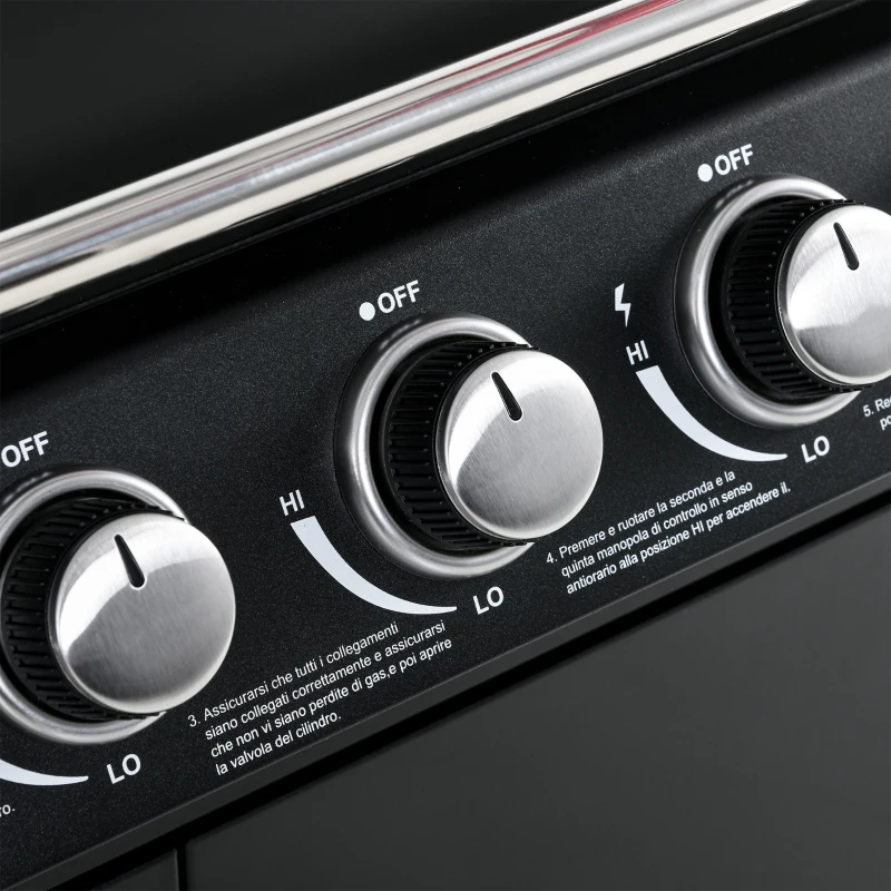 Outsunny Barbecue a Gas con Coperchio, 7 Bruciatori da 20kW, Fornello Laterale e 2 Ruote, 135x50x100 cm, Nero