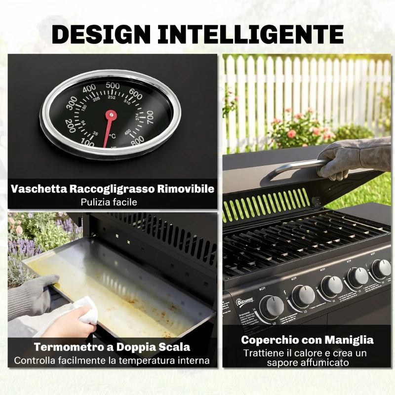 Outsunny Barbecue a Gas con Coperchio, 7 Bruciatori da 20kW, Fornello Laterale e 2 Ruote, 135x50x100 cm, Nero