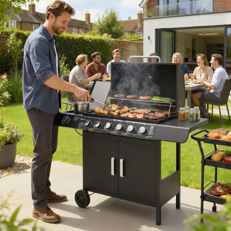 Outsunny Barbecue a Gas con Coperchio, 7 Bruciatori da 20kW, Fornello Laterale e 2 Ruote, 135x50x100 cm, Nero