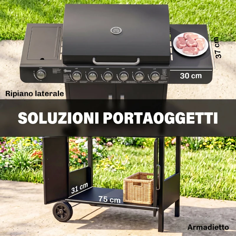 Outsunny Barbecue a Gas con Coperchio, 7 Bruciatori da 20kW, Fornello Laterale e 2 Ruote, 135x50x100 cm, Nero