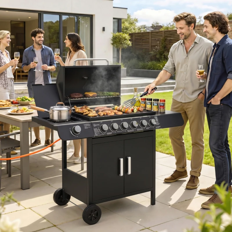 Outsunny Barbecue a Gas con Coperchio, 7 Bruciatori da 20kW, Fornello Laterale e 2 Ruote, 135x50x100 cm, Nero