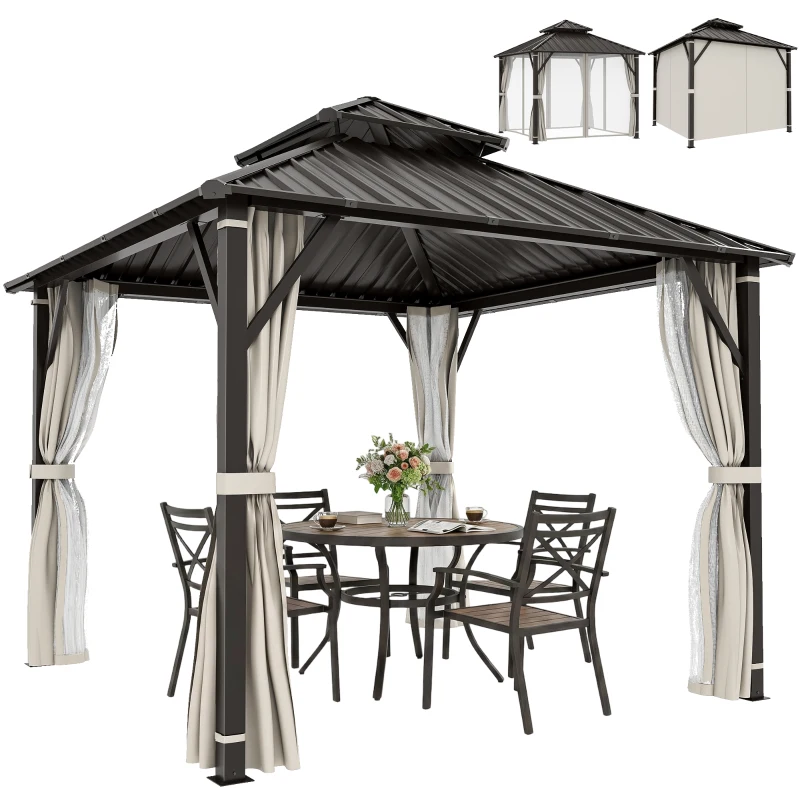 Outsunny 3 x 3(m) Hardtop Gazebo Canopy with Double Metal Roof, Waterproof Permanent Pavilion Garden Gazebo with Netting and Curtains, Easy to Assemble, Beige