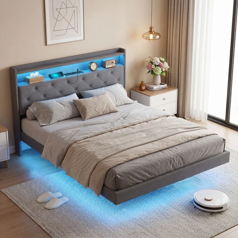 HOMCOM Cadre de lit 140 x 190 cm avec sommier acier, lit 2 personnes flottant avec lumières LED RGB et station de charge, gris