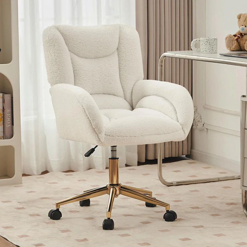 Chaise de bureau Teddy réglable en hauteur, base métallique dorée, 64x62x97 cm, Blanc