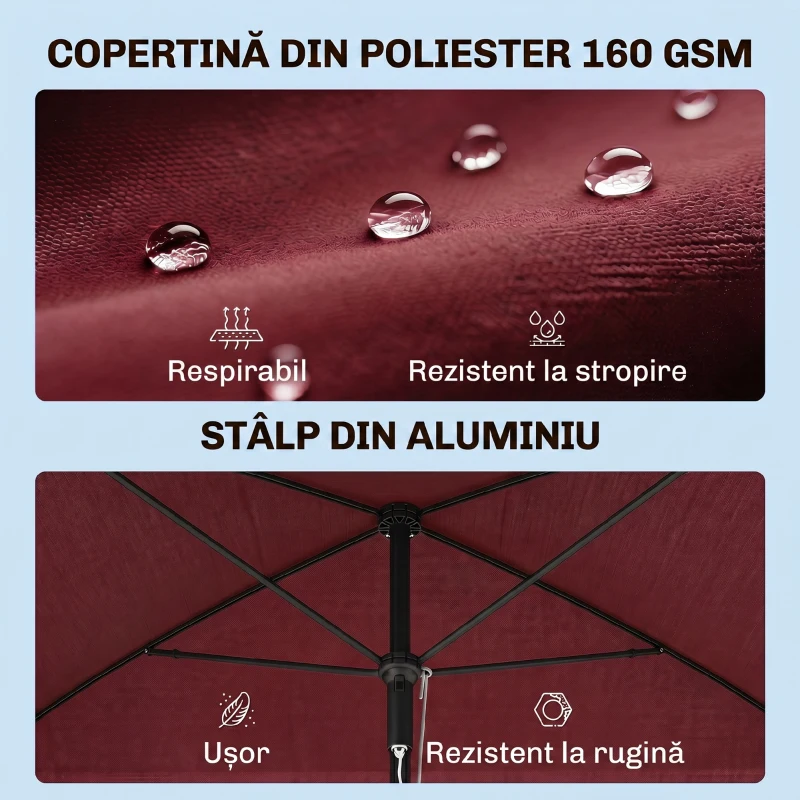Outsunny Umbrelă de Grădină Dreptunghiulară și Reglabilă cu Stâlp din Aluminiu, 2x1,3x2,5 m, Roșu Bordeaux