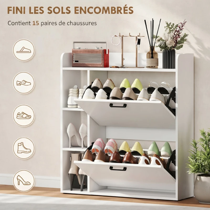 HOMCOM Meuble à chaussures 15 paires, armoire à chaussures moderne avec 2 tiroirs rabattables, 83x24x90,5cm, blanc