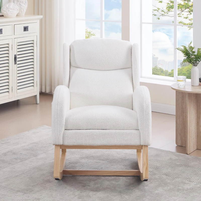 Fauteuil à bascule avec repose-pieds réglable, design wingback ergonomique, dossier haut, tissu teddy, 122,5x70x104 cm, Blanc